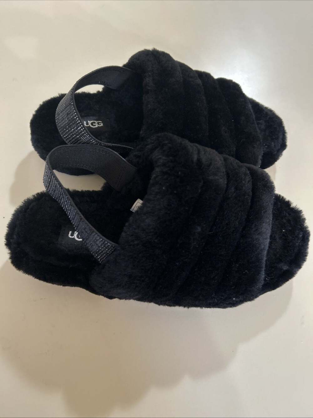 UGG Fluff Yeah Slide Black Women's Fur Slipper with Logo Strap Size 8
